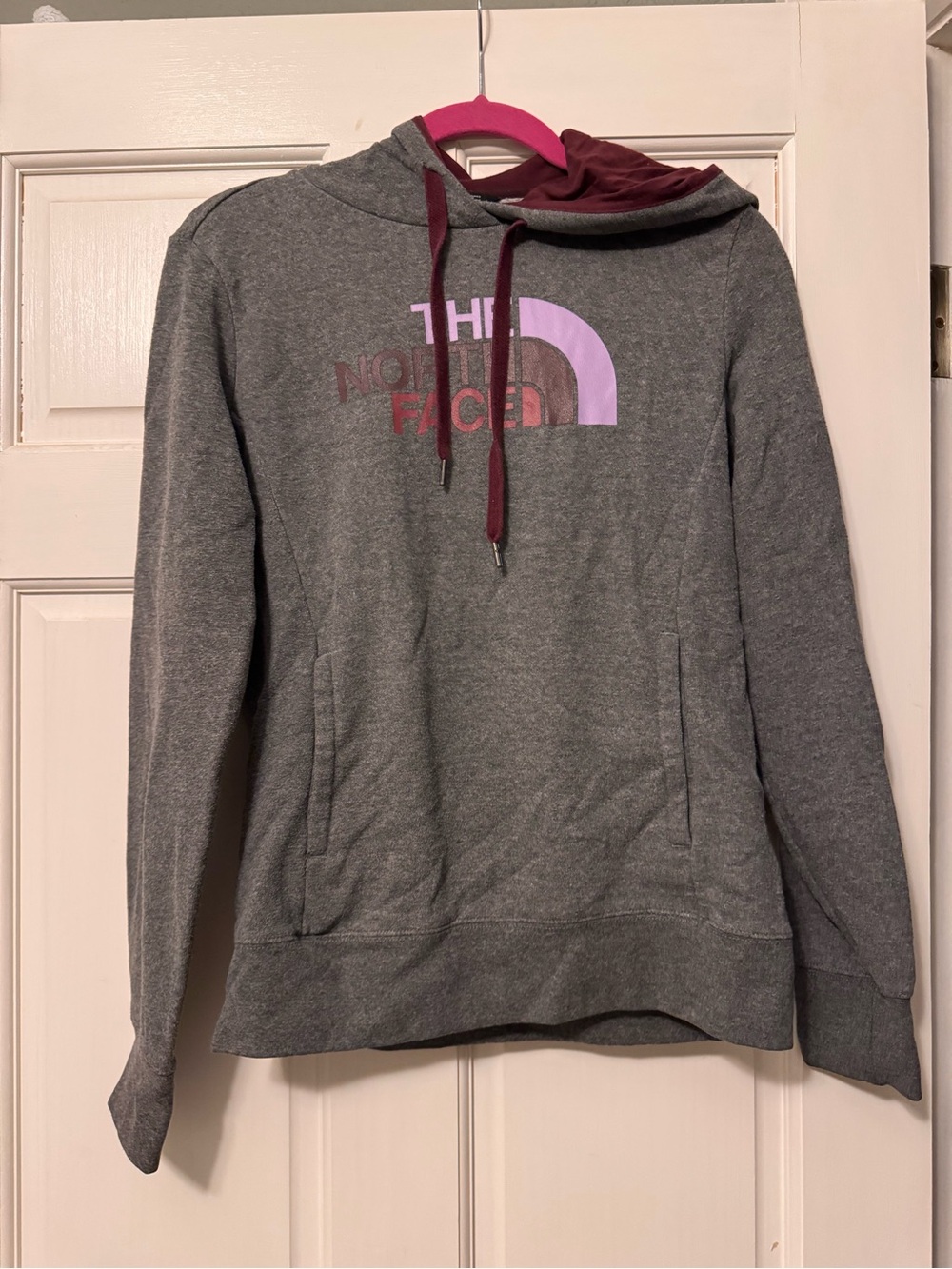 The North Face Gray Hoodie with Pink and Burgundy Accents